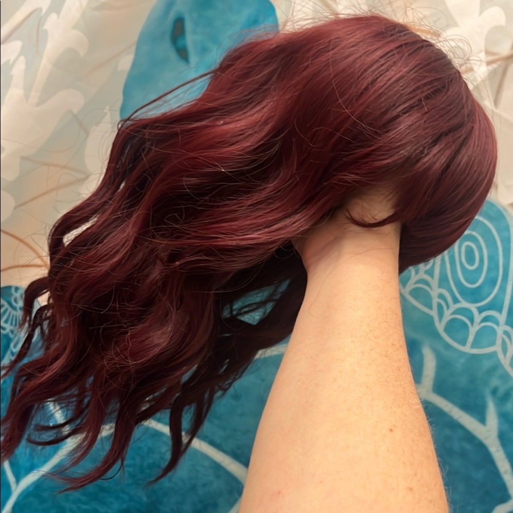 Rich Burgundy Wavy Wig with bangs